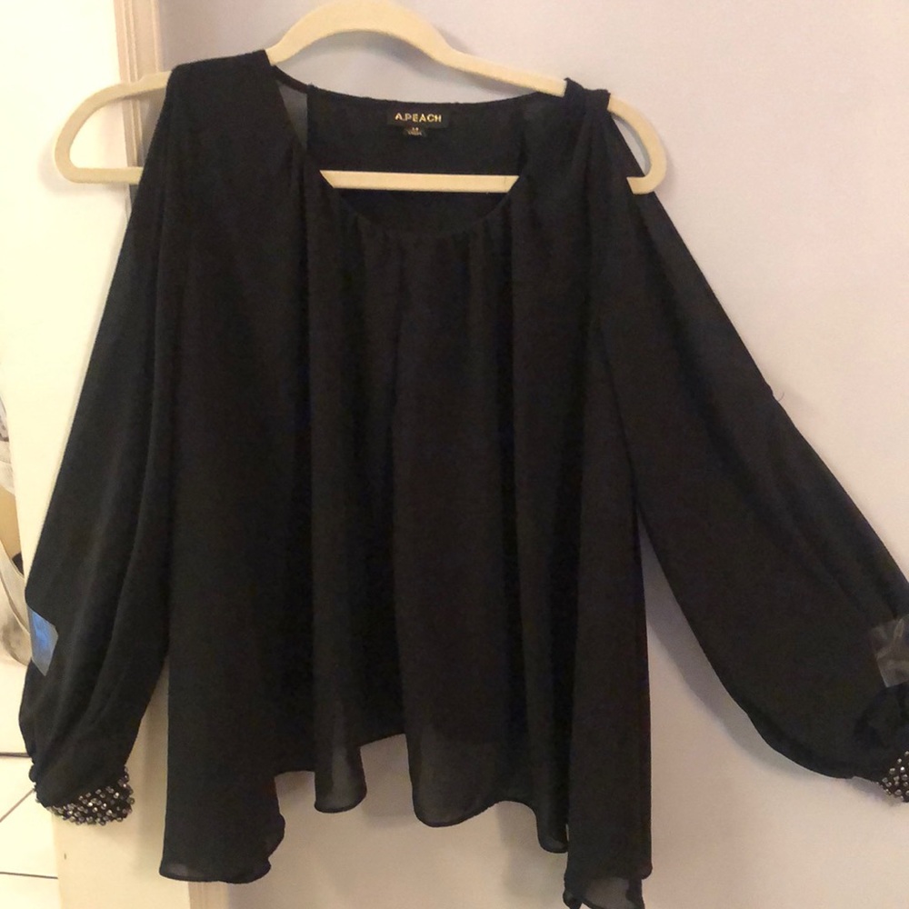 A.Peach, Dressy, Sheer Black Cold shoulder top. Poly double layer, keyhole back